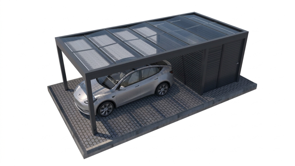 Carport solaire avec remise fermée, structure acier Volterra