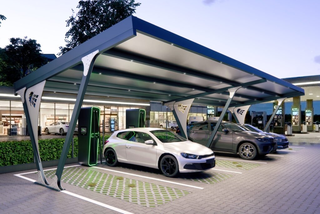 Solar carport with electric vehicles and EV charging stations